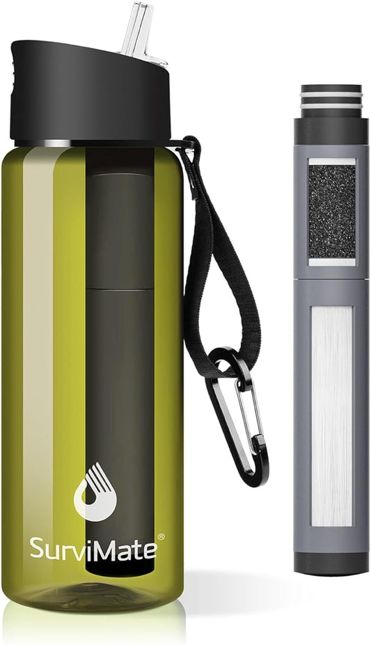 Survimate 5-Stage 0.01μm Ultra-Filtration Filtered Water Bottle, BPA-Free Material, NSF/ANSI 42&372 Certified, Portable Water Filter Bottle for Survival, Camping, Hiking, and Emergency Use