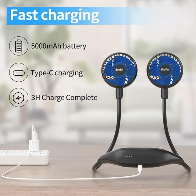 HandFan 5000mAh Portable Neck Fan, Necklace Fan Battery Operated Max 26hrs working, Wearable Fan Rechargeable 6 Speeds, Hands-Free Fan 360° Adjustable for Outdoor Activities Travel Office Home (Black)