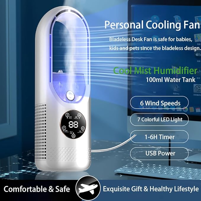 Desk Bladeless Fan with Humidifier, Small Personal Misting Fan for Sleep with 6 Speeds, Quiet Bedside Fans for Bedroom with Timer and LED Light, Table Fan for Home Office Desktop