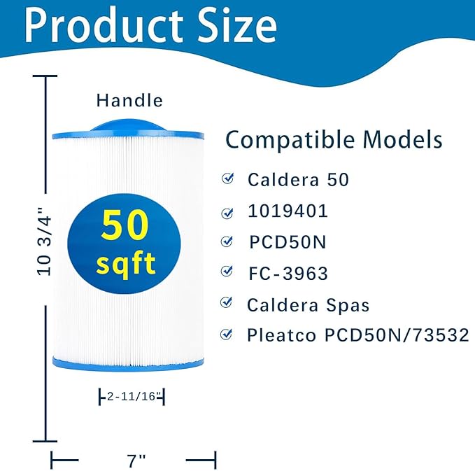 Spa Filter Compatible with Caldera 50, Caldera Spas, Unicel C-7350, 1019401, 73532, PCD50N, FC-3963, 50 sq.ft hot tub Filter, 1 Pack