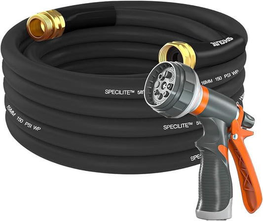 Garden Water Hose 25 ft x 5/8 in Heavy Duty, Flexible and Lightweight, Burst 600 psi, Kink-less Hybrid Rubber Pipe for Backyard, 3/4'' Brass Fittings, Black