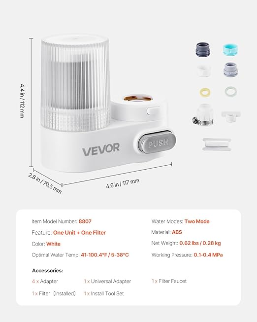 VEVOR Faucet Water Filter, Faucet Mount Water Filtration, 5-Stages Tap Filters Reduce 97% Lead, 95% Chlorine, Rust, Water Purifier for Kitchen Bathroom Sink, 320 Gal, 1 Filter, White