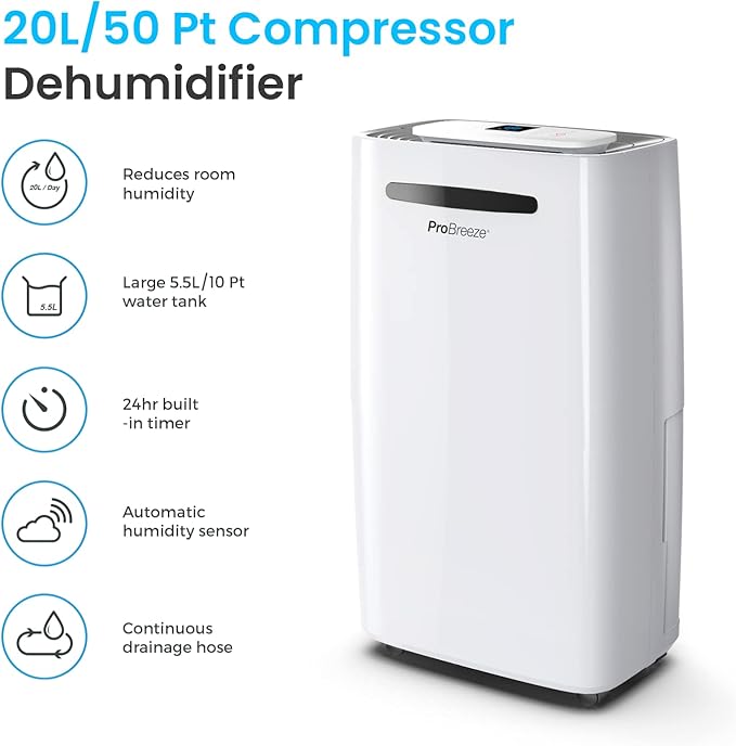 Pro Breeze 50 Pint Dehumidifier - 3,500 4,000 Sq Ft Dehumidifiers for Home Large Room Basements with Humidity Sensor, Auto Shut Off, Continuous Drainage Hose, Removes Moisture, Ideal for Basement