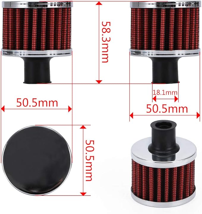 PTNHZ Universal 2 PCS 12mm Auto Cone Mini oil Air Intake Filter Crankcase Vent Valve Cover Breather Filter Flow Air Filters Red