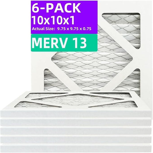 10x10x1 MERV 13 (6-Pack) Pleated Air Filter (Actual Size: 9.75" x 9.75" x 0.75") MPR 1500-1900 & FPR 10, Furnace Air Filters, 10x10x1 air filter