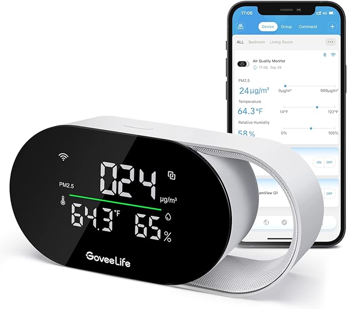 GoveeLife Smart Air Quality Monitor with PM2.5, WiFi, Temperature & Humidity Sensors, LED Display, 2s Refresh, 2-Year Data Storage, for Home & Office Wired