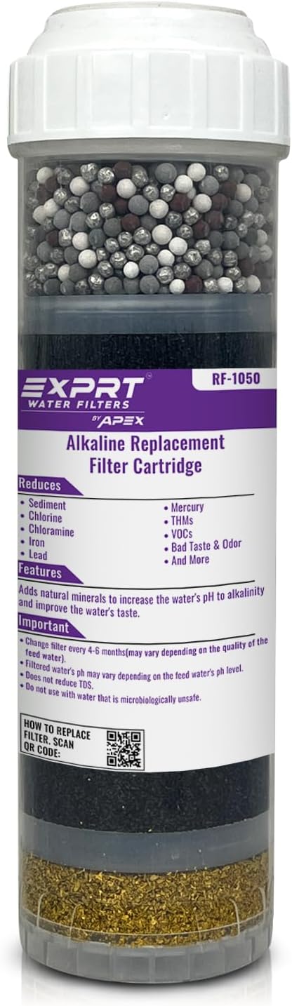 RF-1050 Alkaline Filter Cartridge – 2.5" x 10" Universal Fit – Removes Chloramines, Chlorine, Heavy Metals, Odor – KDF-55, Activated Carbon, Alkaline Beads Adds Essential Minerals