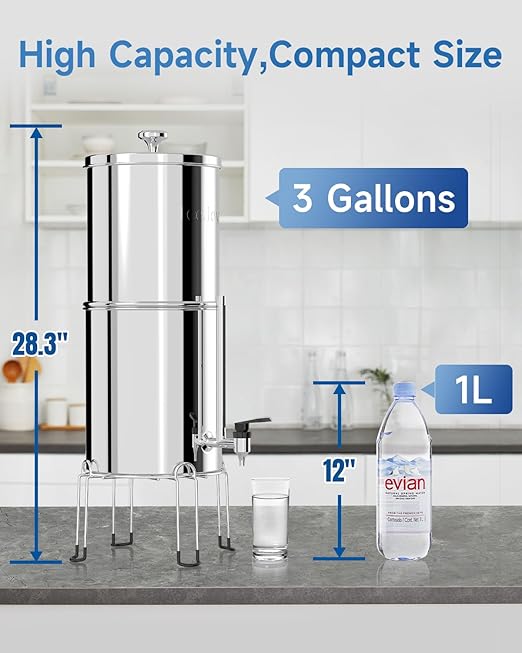 8-Stage Gravity Water Filtration System 3.0 Gallon-304 Stainless Steel Countertop System with 4 Filters and StandReduce 99.9% Chlorine, NSF/ANS 42 Certifcation