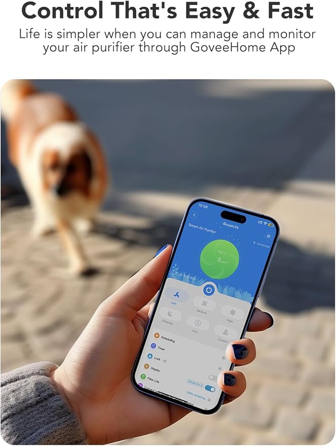 GoveeLife Smart Air Purifier for Home Large Room Up to 1524 sq.ft, with Washable Filter, Integrated PM 2.5 Air Quality Sensor, Smart WiFi, H13 True HEPA Air Purifier for Wildfire, Odors, 24dB, Black