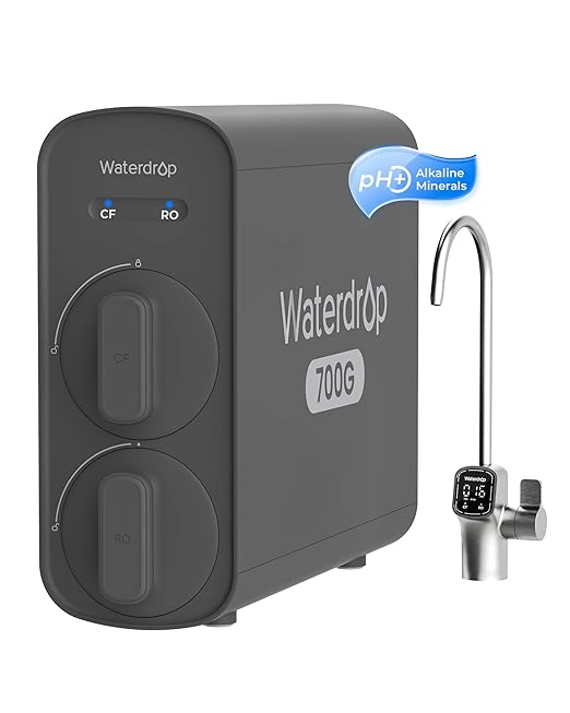 Waterdrop G5P700A Alkaline Mineral pH+ Reverse Osmosis Water Filter, NSF/ANSI 372 Certified, 700G Reverse Osmosis System, 8 Stage RO Water Filtration System, 2:1 Pure to Drain, Smart LED Faucet