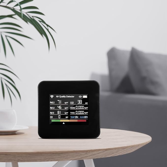 14 in 1 Indoor Air Quality Monitor Air Quality Detector CO₂ CO TVOC HCHO Temperature Humidity PM2.5 PM1.0 PM10 Desktop Air Quality Tester with Time/Date/Alarm Clock/Timer/Stopwatch Support APP Control
