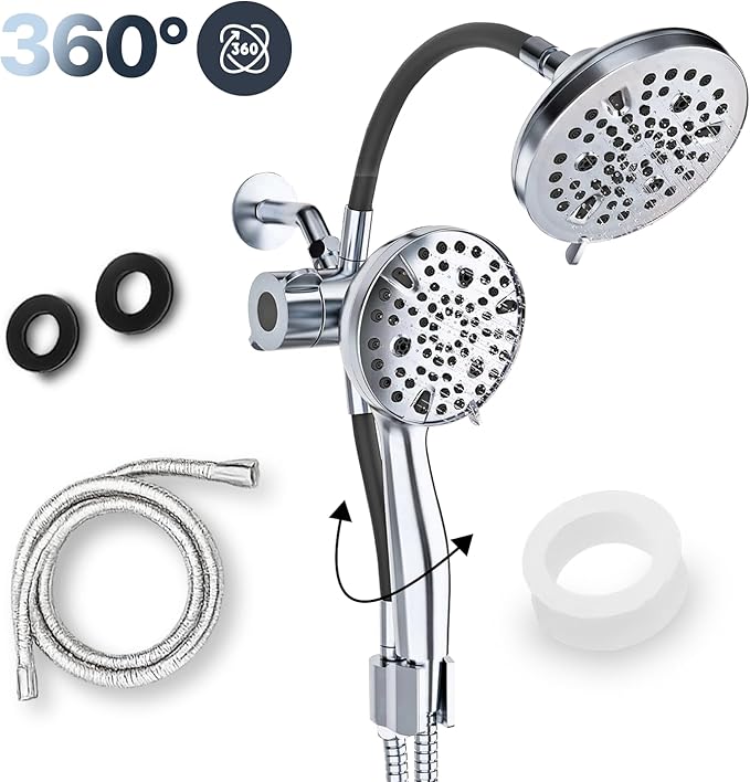AQUAZEN® Dual Shower Head Combo | Adjustable Rainfall + Handheld Shower | 6 Spray Modes Each | Flexible Mount & Swivel Heads | 5ft Stainless Steel Hose | Premium Nickel Finish | Fits All US Showers