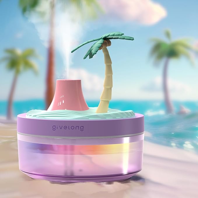 Cute Mini Humidifier, 320ml Coconut Tree Desktop Humidifiers for Bedroom, Portable Small Cool Mist Humidification for Home, Baby Nursery, Office & Indoor Plants, USB Powered