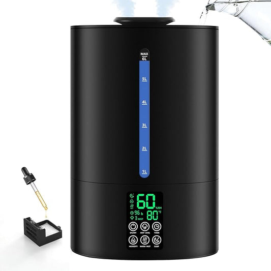 6L Humidifiers for Bedroom Large Room Home, Cool and Warm Humidifier for Plants Mist Top Fill Desk Humidifier Essential Oil Diffuser, Quiet Humidifiers with Adjustable Mist,360°Nozzle-Black