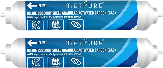 In line Water Filter 2" x 10" Coconut Shell Post Activated Carbon Water Filter Replacement 1/4" Quick Connects for Inline Reverse Osmosis RO Water Filtration, Refrigerator, Ice Maker [2 Pack]