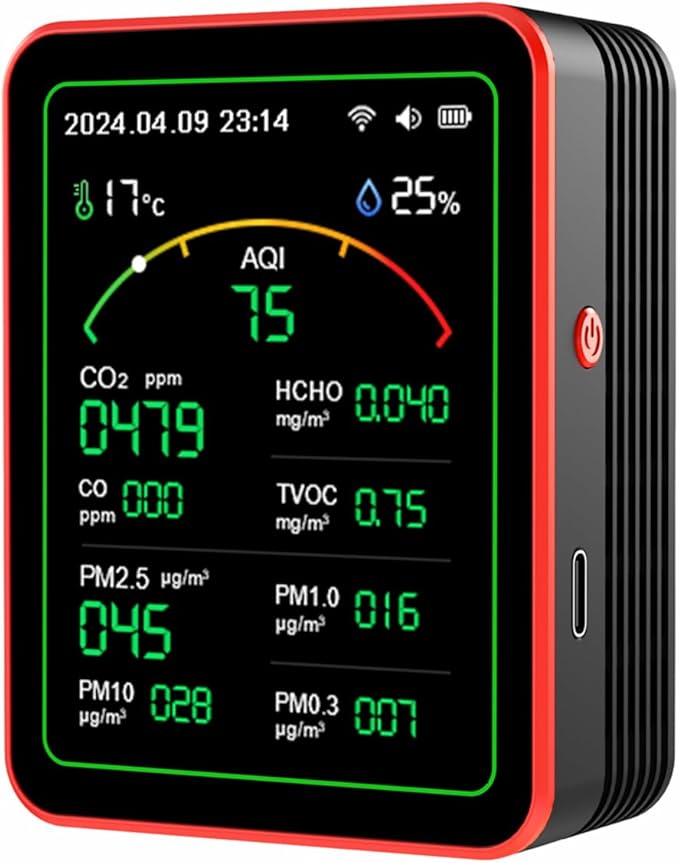15-in-1 Air Quality Monitor Smart Air Quality Tester with CO2/HCHO/TVOC/AQI/PM0.3/PM1.0/PM2.5/PM10/Temperature/Humidity/Time/Alarm Clock/Timer/Countdown Timer Mobile APP WiFi for Home & Office