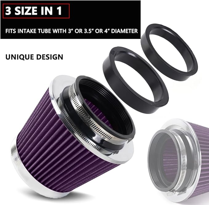 4-Inch Cold Air Intake Filter - Washable, High Performance, 3" or 3-1/2" or 4" Clamp-On Replacement Air Filter Purple