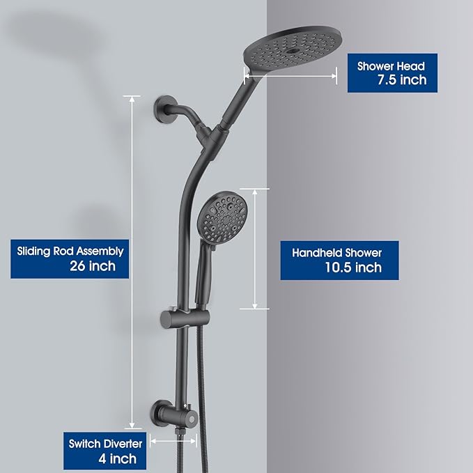 High Pressure Shower Head with Handheld Shower, 26" Adjustable Height Drill-Free Slide Bar, 3-Way Diverter for Easy Reach, Dual Shower Head Combo Set with 5ft Hose - Matte Black