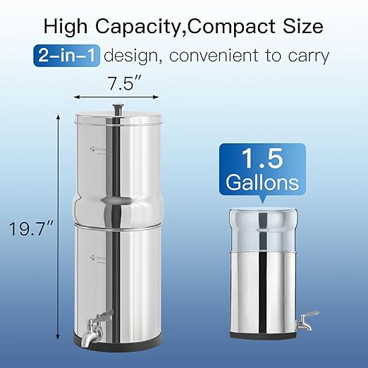 1.5G Stainless Steel Gravity-Fed Water Filter System with 2 Black Purification Filter and Metal Spigot, NSF/ANSI 42 Certification, Reduces up to 99% of Chlorine, for Home, Camping, Outdoor