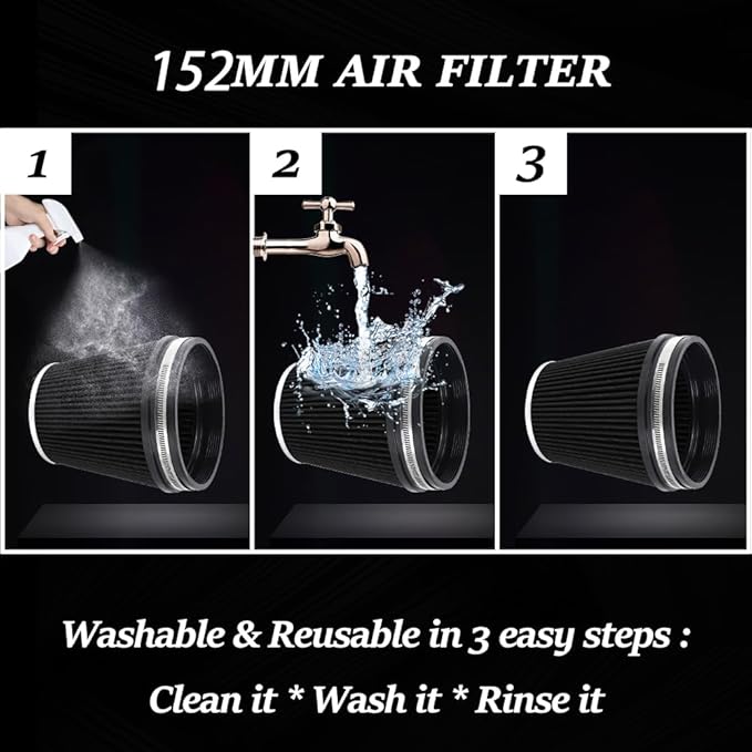 6" Inlet Cold Air Intake Filter Cone Replacement Performance Washable Clamp-On Dry Air Filters Black (6" Tall)