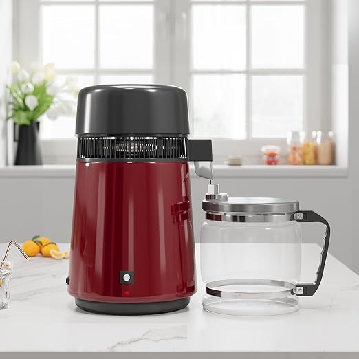 GarveeHome Water Distillers for Home Countertop, 1Gal/4L Stainless Steel Distilled Water Machine with Glass Container, 750W Desktop Drinking Purifier Filter Distilling Kit, Red