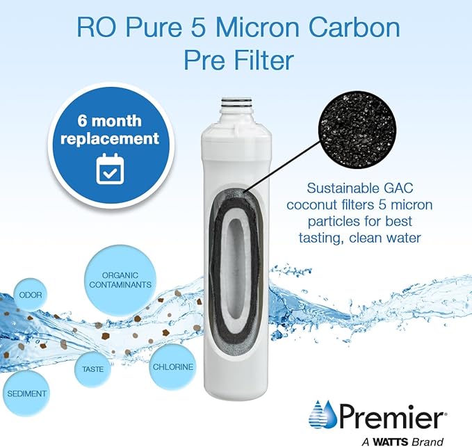 Watts Premier Annual RO Pure Plus 6-Pack Filtration Kit for Zero/Pure Plus Reverse Osmosis System, Push Button Water Filter Replacement, 2 Sediment Filters, 2 Carbon Pre-Filters, VOC, Membrane
