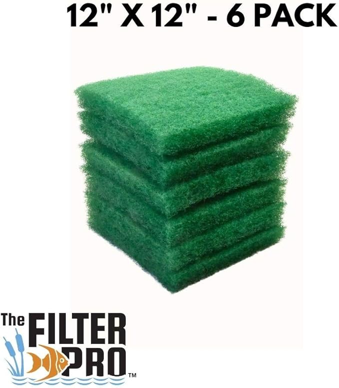 Green Coarse Filter Media, 2" Thick, 12" x 12" Pads, 6 Pack, Perfect for Aquariums, Ponds or Water Gardens, Made in USA