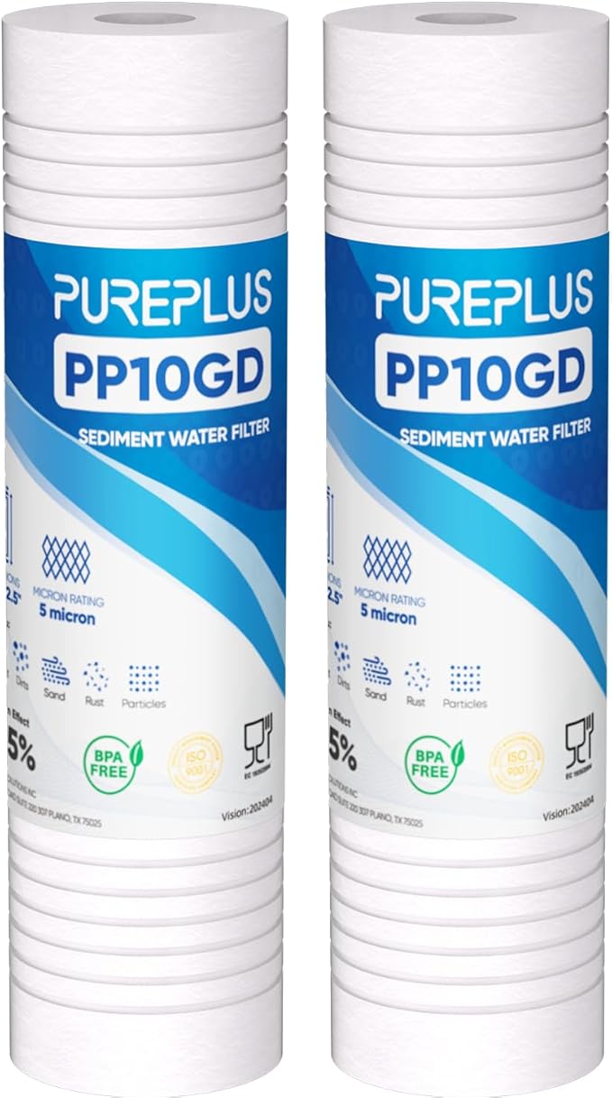PUREPLUS 5 Micron 10" x 2.5" Whole House Sediment Home Water Filter, Grooved Sediment Replacement Cartridge for Any 10 inch RO Unit,AO-WH-PREV-R2, Aqua-Pure AP110, Aquaboon AB-SGR5M, GE GXWH20S, 2Pack