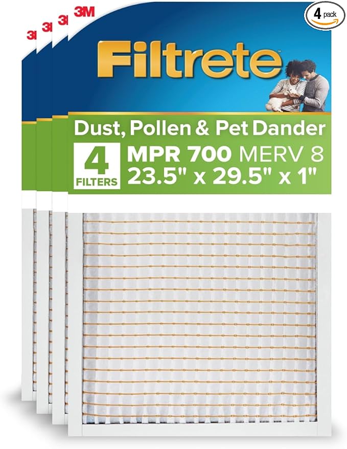 Filtrete 23.5x29.5x1 AC Furnace Air Filter, MERV 8, MPR 700, Tough on Pollen, Easy on Airflow, 3-Month Pleated 1-Inch Electrostatic Air Cleaning Filter, 4-Pack (Actual Size 23.187 x 28.187 x 0.81 in)