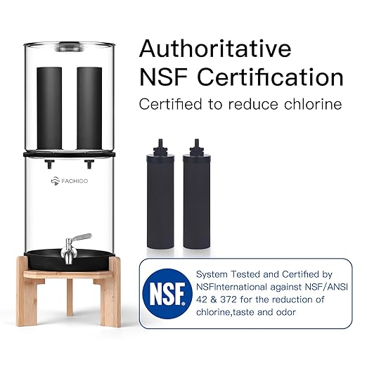 Gravity-Fed Water Filter System, 2.25G Glass Countertop System with 2 Black Purification Filter, Metal Spigot and Stand, NSF/ANSI 42 Certification, Reduces up to 99% of Chlorine