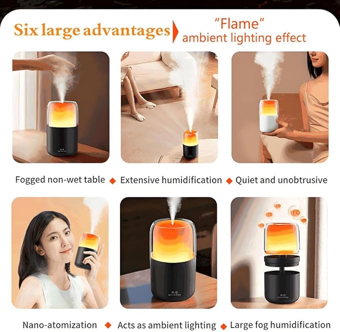 LED home spraying humidifier with high simulation flame atmosphere light,2.3W and 280ml water tank,dynamic state and static state flame (Black housing)