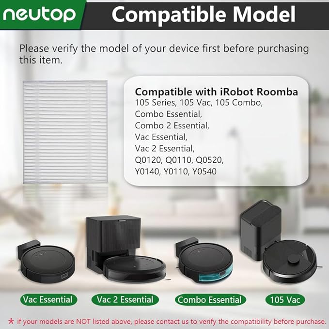 Neutop Replacement Hepa Filter Compatible with iRobot Roomba 105 Series, Combo Essential, Combo 2 Essential, Vac Essential, Vac 2 Essential, Q0120, Q0110, Q0520, Y0140, Y0110, Robots Vacuum, 8-Pack.