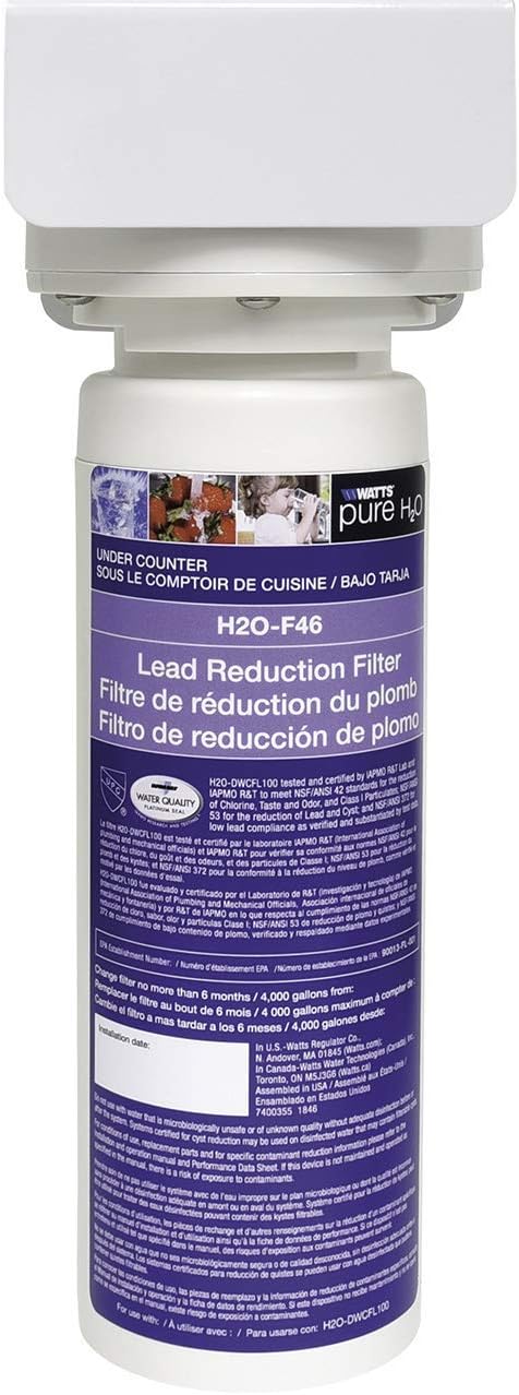 Watts Premier H2O-DWCFL100 Pure H2O Lead Reduction Filtration System with Full-Flow Filter and Supply Line Adapter, Flow Rate 1.5 GPM, 1/4 Turn Quick Change, Reduces Sediment, Chlorine Taste & Odor