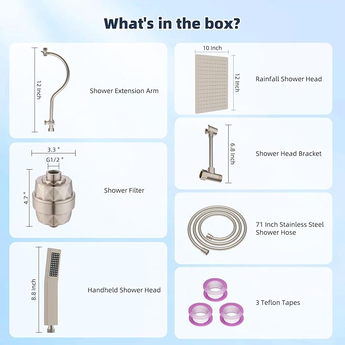 Hibbent All Metal 12'' Filtered Rainfall Shower Head Combo, High Pressure Handheld Shower Wand, 12'' Adjustable Extension Arm, 20 Stage Shower Filter, 71'' Hose, Shower Head Holders, Brushed Nickel