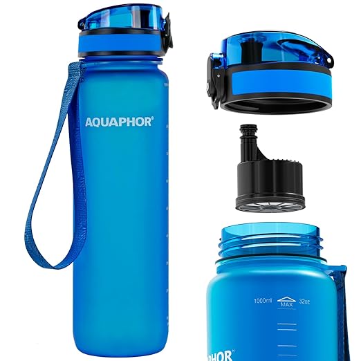 Nakii Filtered Water Bottle, Leakproof, BPA-Free, Motivational Markings, Travel, Everyday Use. 40-Gallon Filter, Replaces 300 Plastic Water Bottles. Includes 1 Filter, 34 FL Oz, Blue by Aquaphor