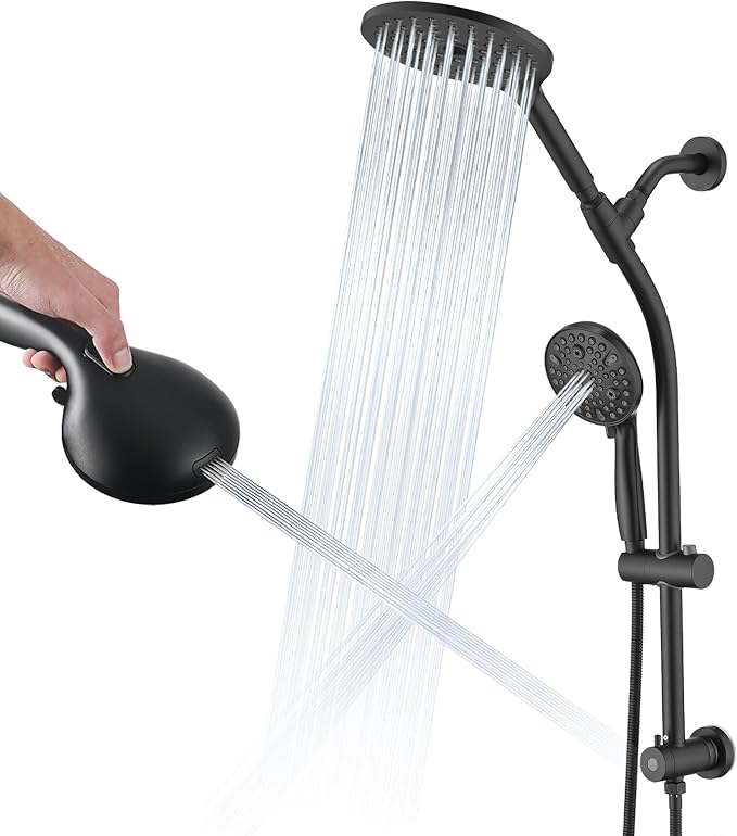 High Pressure Shower Head with Handheld Shower, 26" Adjustable Height Drill-Free Slide Bar, 3-Way Diverter for Easy Reach, Dual Shower Head Combo Set with 5ft Hose - Matte Black