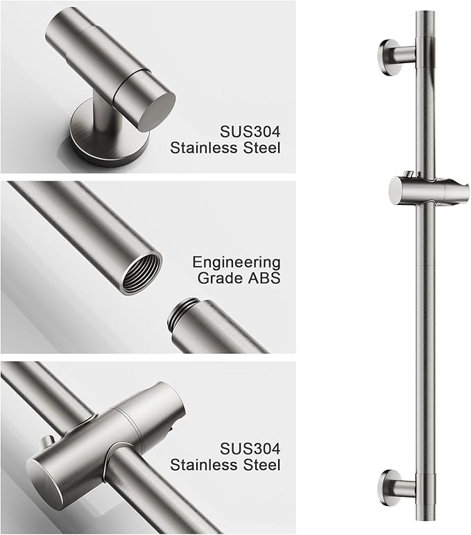 Shower Slide Bar Handheld Shower Head with Hose, 5-Function Hand Shower with Wall Mount，shower slide bar,adjustable height shower head (A-round, Brushed Nickel)