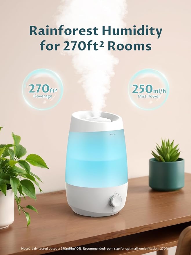BREEZOME Humidifiers for Bedroom, 2.5L Humidifiers for home, 250ml/h Mist Output, 25hrs Essential Oil Diffuser, Auto Shut-Off, 25dB Ultra-Quiet Operation for Nurseries and Indoor Plants, White