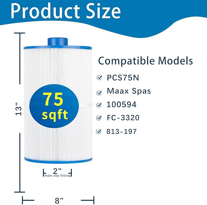Spa Filter Compatible with PCS75N, Maax Spas, 100594, C-8475, FC-3320 hot tub Cartridge Filter, 75sq.ft, 1 Pack