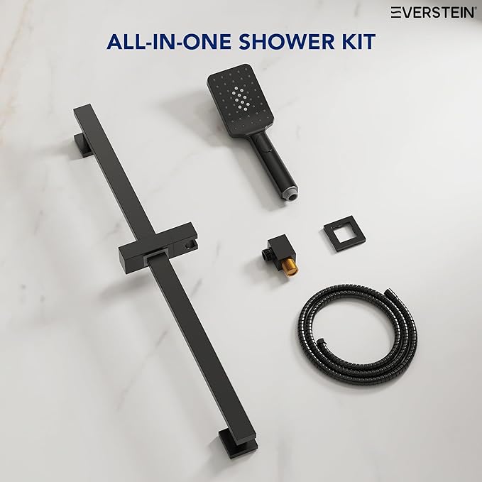 EVESTEIN Adjustable Hand Held Shower with Slide Bar, 3-Function Handshower Head with Hose, Matte Black
