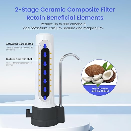 Countertop Filter Water System, 5-Stage Alkaline Water Filter, 8000 Gallons Faucet Water Filter with 1 Washable Ceramic Filter (BS-10-M12)