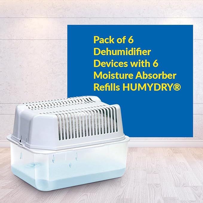 HUMYDRY® - Pack of 6 Dehumidifier Devices with 6 Moisture Absorber Refills - 35.3 oz - Large Size - Fragrance Free - Ideal for Spaces Up to 400 sq.FT