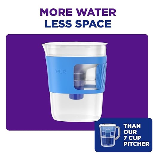 PUR Water Filter Pitcher Slim Design 8 Cup Capacity with 1 Filter, Dishwasher Safe, Faster Filtration, Water Purifier for Cleaner, Great Tasting Water, Ideal for Compact Space, Dorm Room, Violet