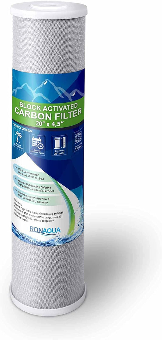 High Capacity Coconut Shell Carbon Block Water Filter 5 Micron Cartridge 4.5" x 20" for Universal Whole House System WELL-MATCHED with CB-45-2005, FC25B, FLTWH2045C02 and PRL-RCL