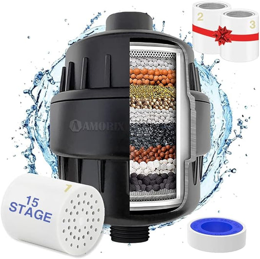 Shower Filter, 15 Stage Shower Head Filter for Hard Water High Output Shower Water Filter Shower Water Softener with 3 Replaceable Filter Cartridges Reduce Chlorine, Dry Skin, Itchy Scalp -Black