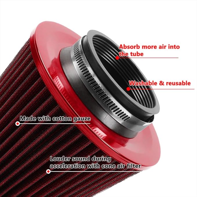 muge racing 3-inch Cold Air Intake Filter 76mm, High Performance Clamp-On Engine Intake Air Filter, Washable Reusable & Universal Round Tapered Replacement Air Filter, Red