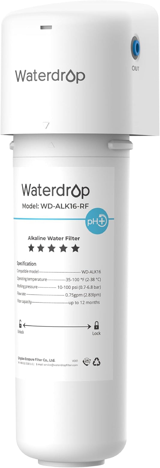 Waterdrop Alkaline Water Filter System for Sink WD-ALK16, Mineralizing Water to 9.5 pH, NSF/ANSI 372 Certified, Compatible with Reverse Osmosis Systems, Under Sink Installation