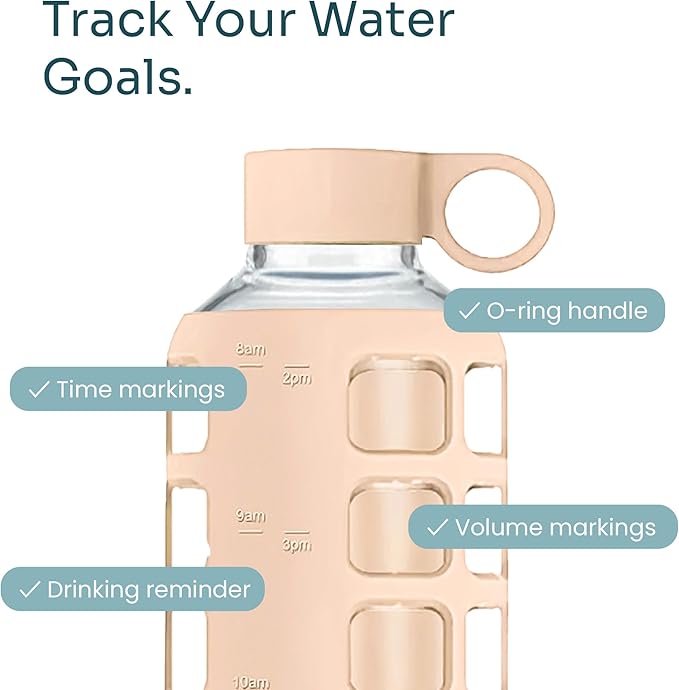 purifyou 40oz / 32oz / 22oz / 12oz Borosilicate Glass Water Bottle with Time & Volume Markers, Silicone Sleeve, Stainless Steel Lid | Reusable Glass Bottle for Water & Juice (40oz Hazelnut)