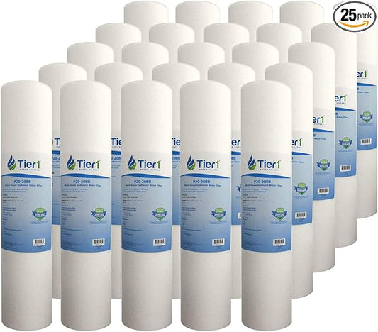 Tier1 20 Micron 20 Inch x 4.5 Inch | 25-Pack Spun Wound Polypropylene Whole House Sediment Water Filter Replacement Cartridge | Compatible with Pentek DGD-7525-20, 155356-43, Home Water Filter