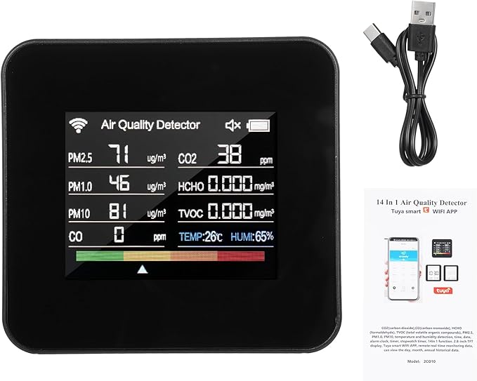 14 in 1 Indoor Air Quality Monitor Air Quality Detector CO₂ CO TVOC HCHO Temperature Humidity PM2.5 PM1.0 PM10 Desktop Air Quality Tester with Time/Date/Alarm Clock/Timer/Stopwatch Support APP Control